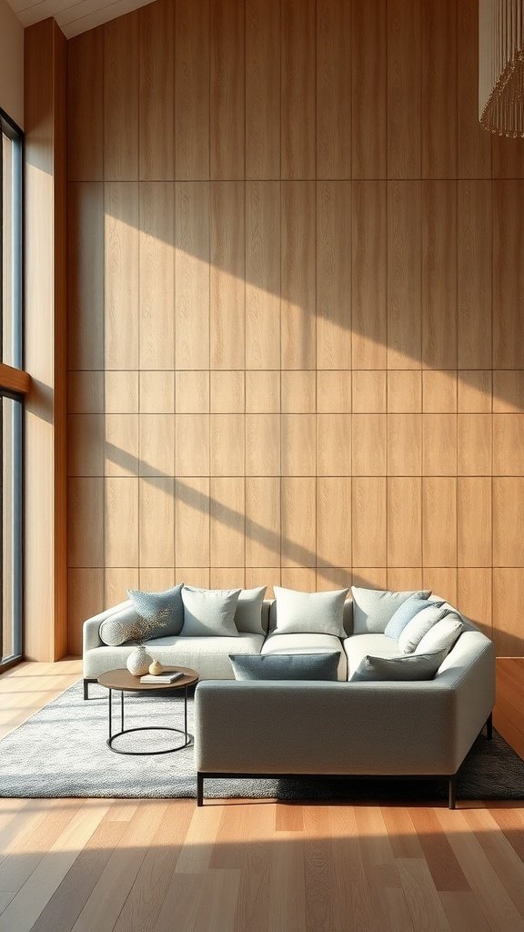 Living room with contemporary horizontal wood paneling and a modern sofa.