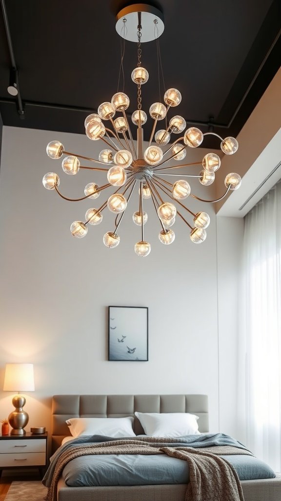 A contemporary LED chandelier in a stylish bedroom.