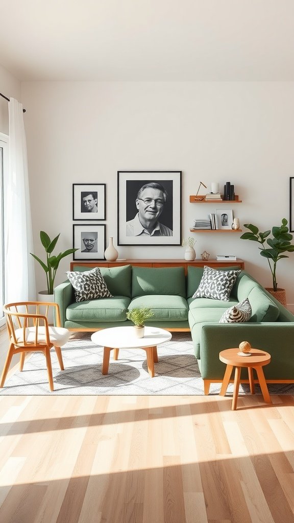 Contemporary living room featuring a sage green sofa with neutral decor and wood accents.