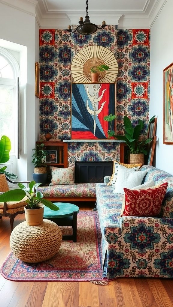 A colorful room with a patterned sofa, vibrant wallpaper, and various plants.