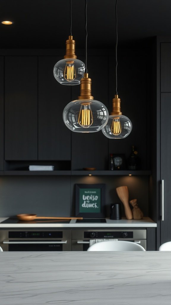 Two warm-toned pendant lights hang from a dark ceiling in a modern kitchen.