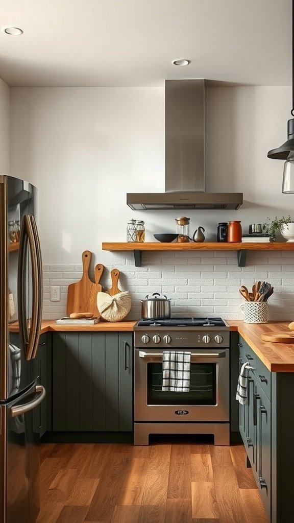 A modern kitchen featuring wooden countertops, stainless steel appliances, and dark cabinetry.