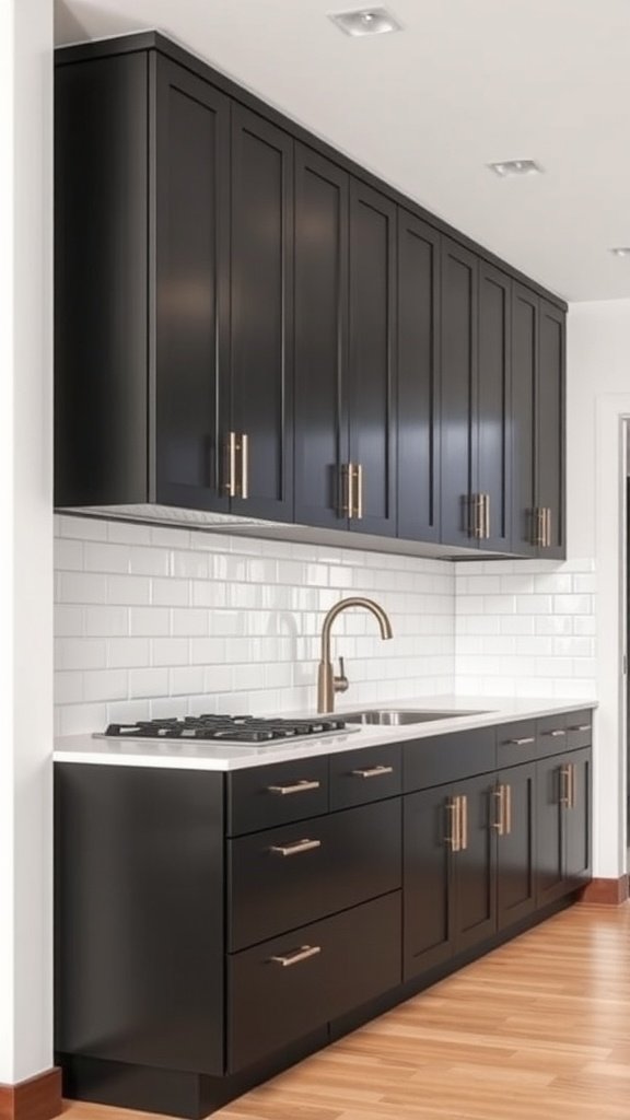 A kitchen featuring contrasting upper and lower cabinets with a sleek design.