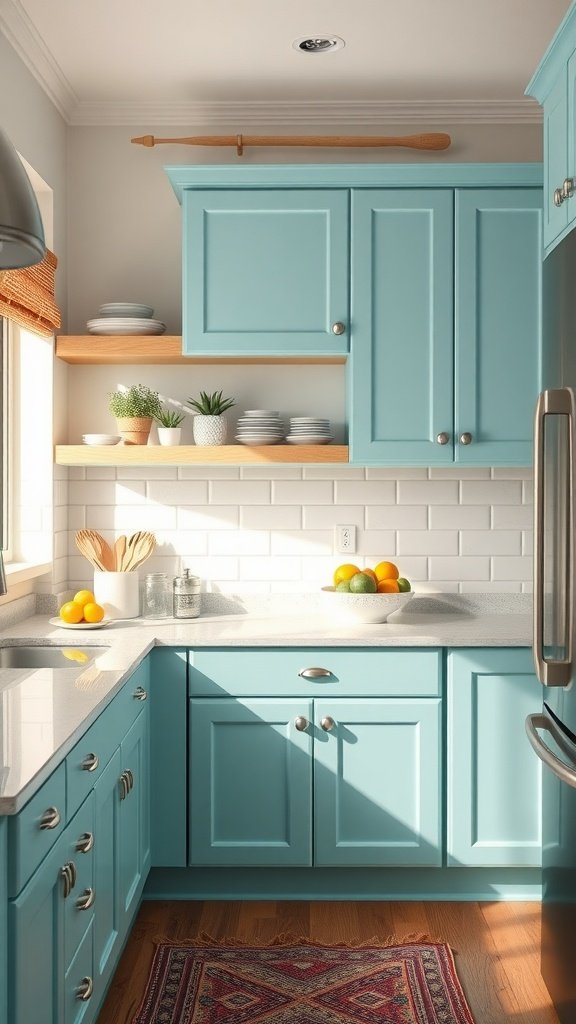 A kitchen featuring aqua blue cabinets with wooden shelves and a bright countertop.