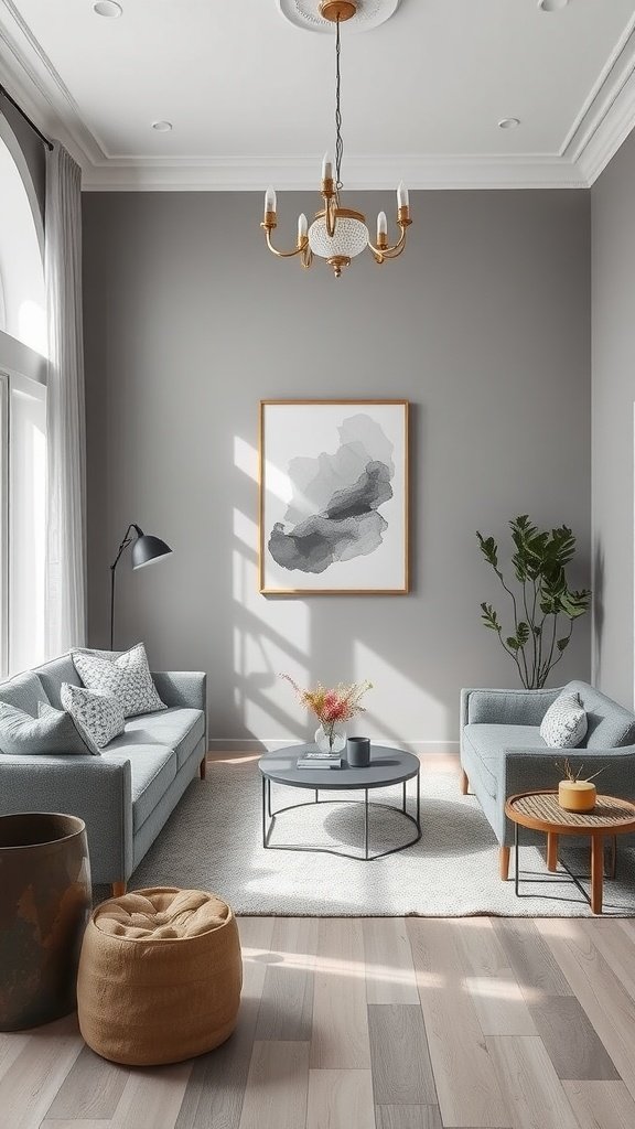 A serene living room with cool gray walls, gray sofas, and natural light