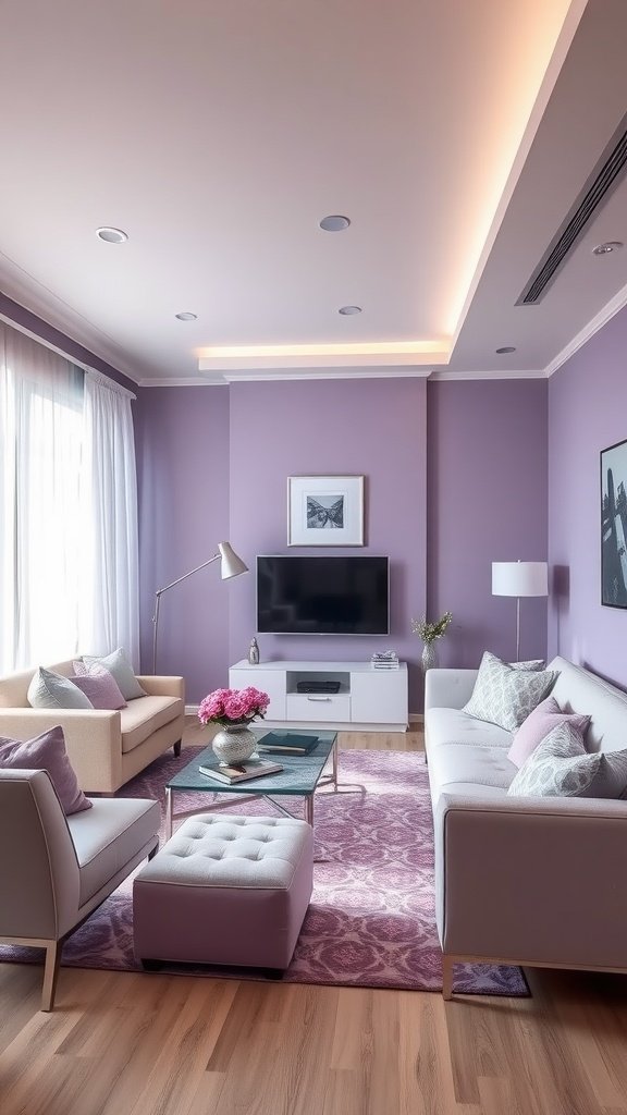 A stylish living room featuring cool lilac walls, a silver accent table, and comfortable seating.