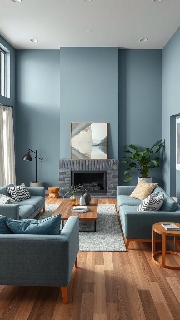 A living room painted in Cool Steel Blue with modern furniture and warm wood accents.