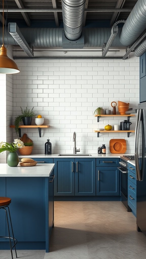 A modern kitchen featuring cool steel blue cabinets with a bright countertop and open shelves.