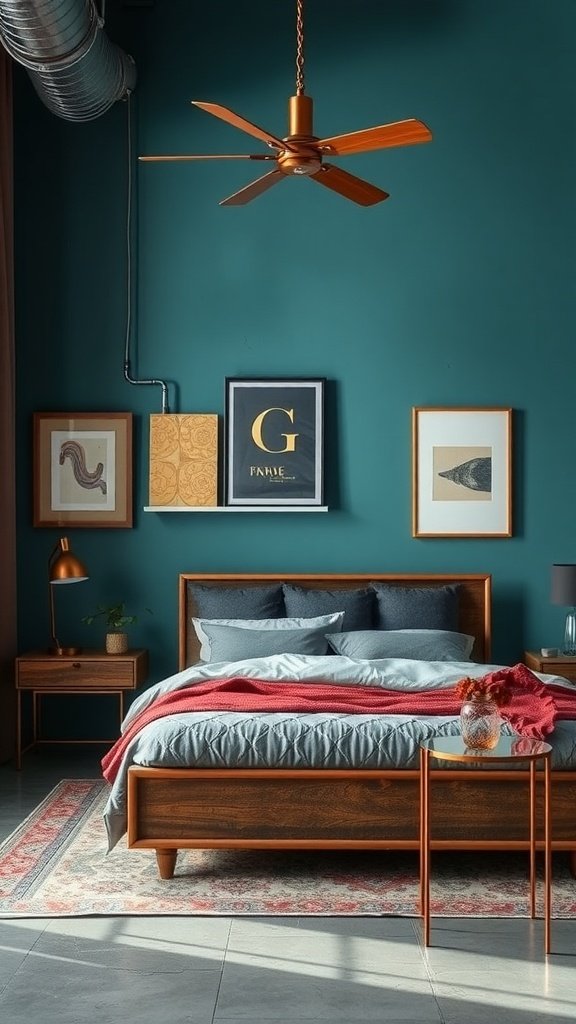 A stylish bedroom featuring teal walls, copper accents, and modern decor.