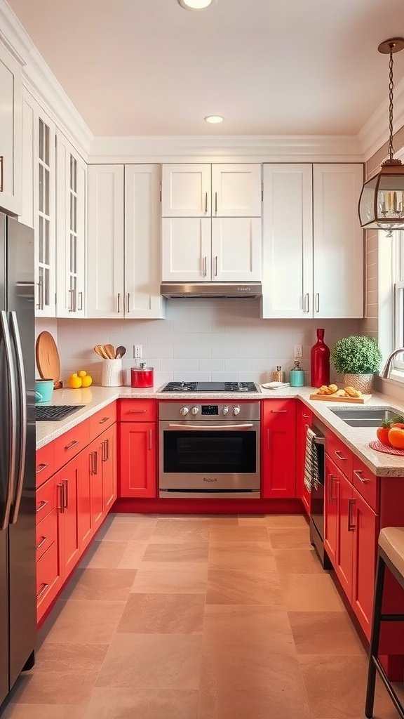 A modern kitchen featuring coral and white cabinets.
