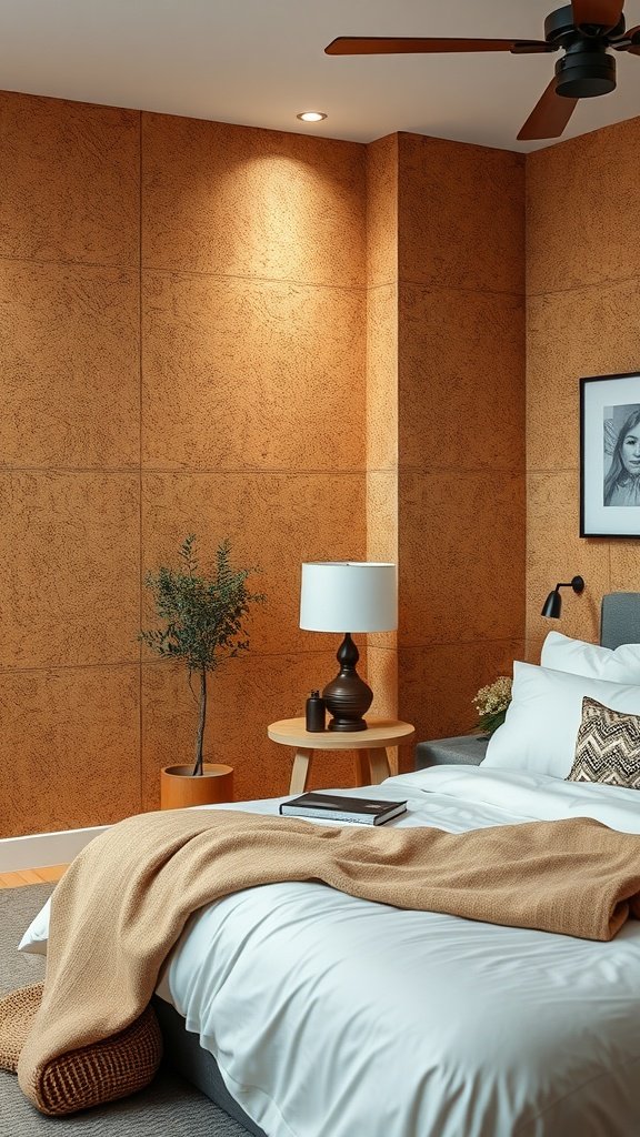 A cozy bedroom featuring cork wall panels, a neatly made bed, and natural decor.