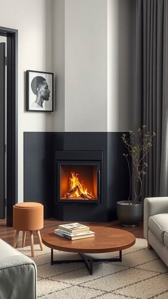 A modern corner fireplace in a small living room, featuring a sleek design and cozy seating.