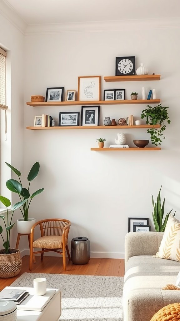 A cozy living room with corner floating shelves displaying books and decorative items.