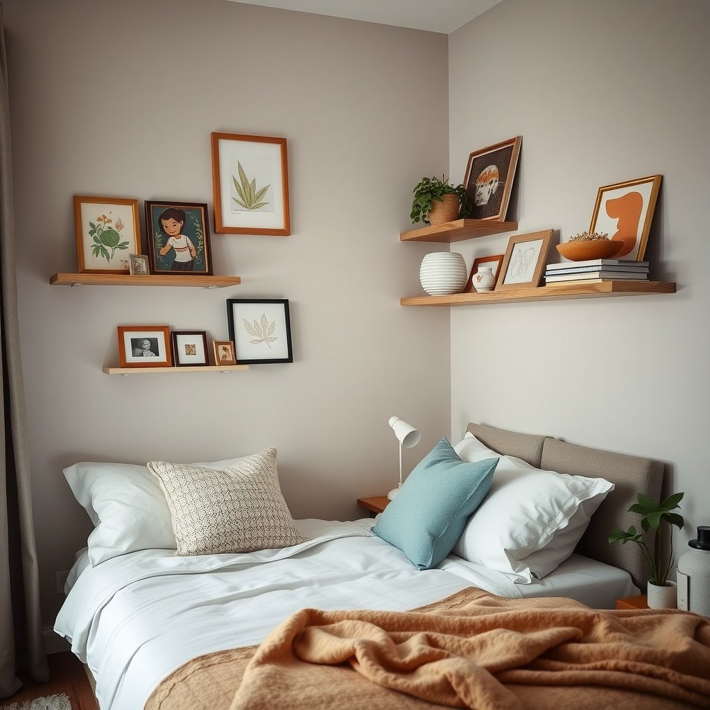 Cozy bedroom with corner shelves displaying art and plants