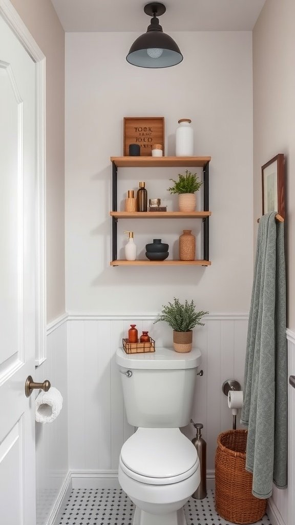 A narrow bathroom with corner shelves above the toilet featuring decorative items and plants.