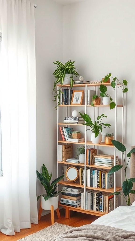 A stylish corner shelving unit filled with books and plants in a bright bedroom.