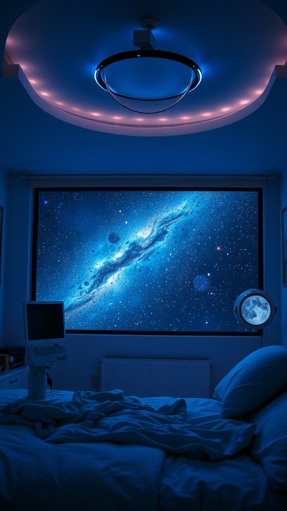A bedroom designed with a cosmic theme, featuring blue lighting and a view of a galaxy through the window.