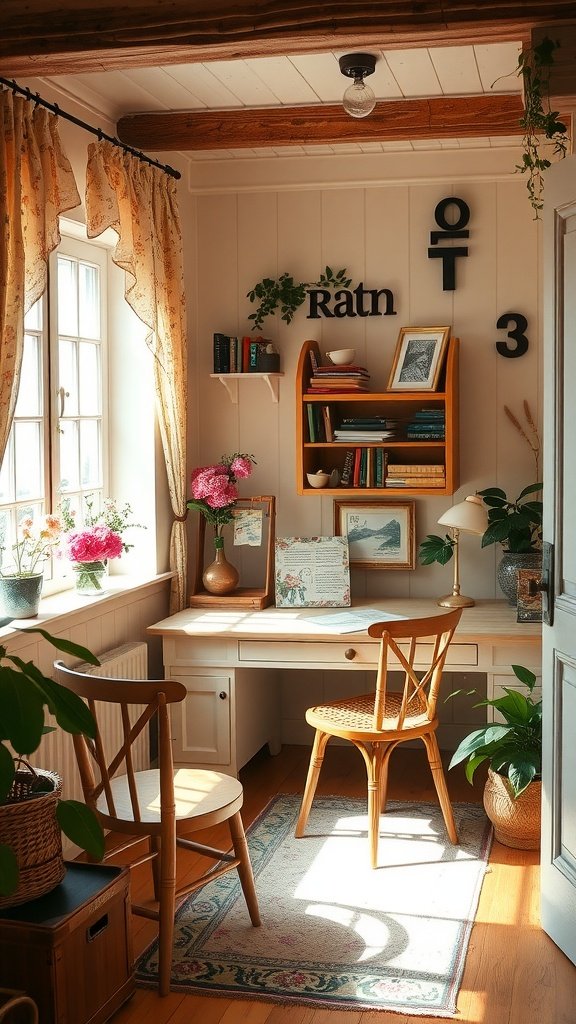 A cozy cottage-style study nook with a wooden desk, chairs, and plants by the window.