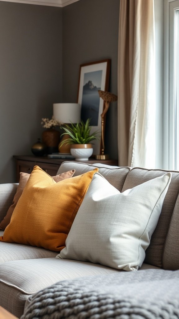 Cozy cotton canvas pillows on a sofa in a stylish living room