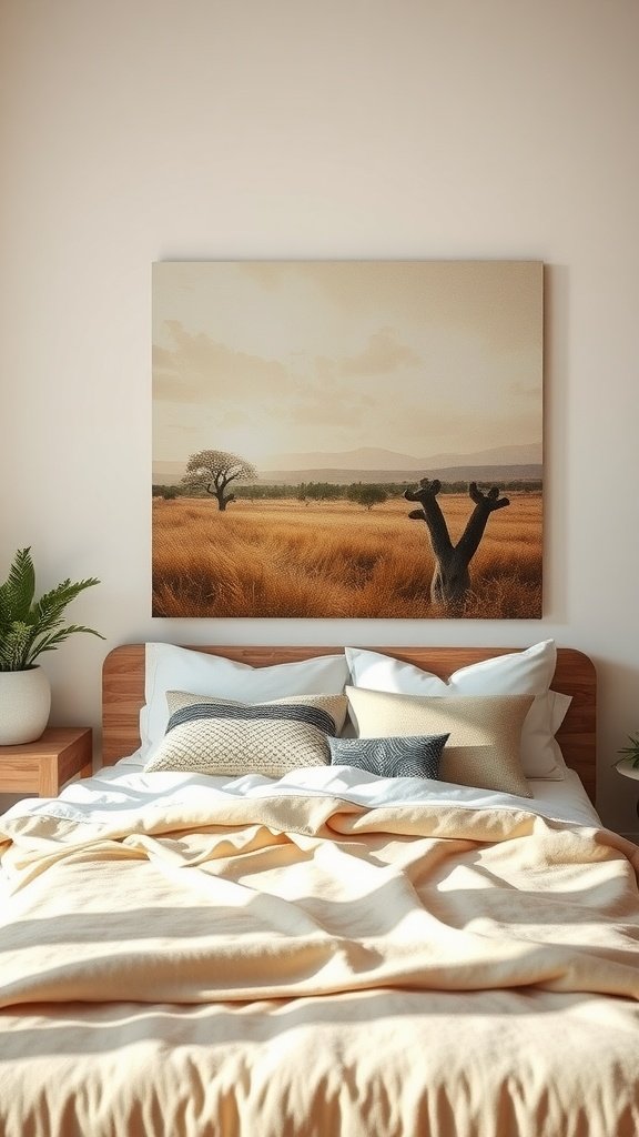 Cotton canvas wall art with the phrase 'let me' in a serene bedroom setting.