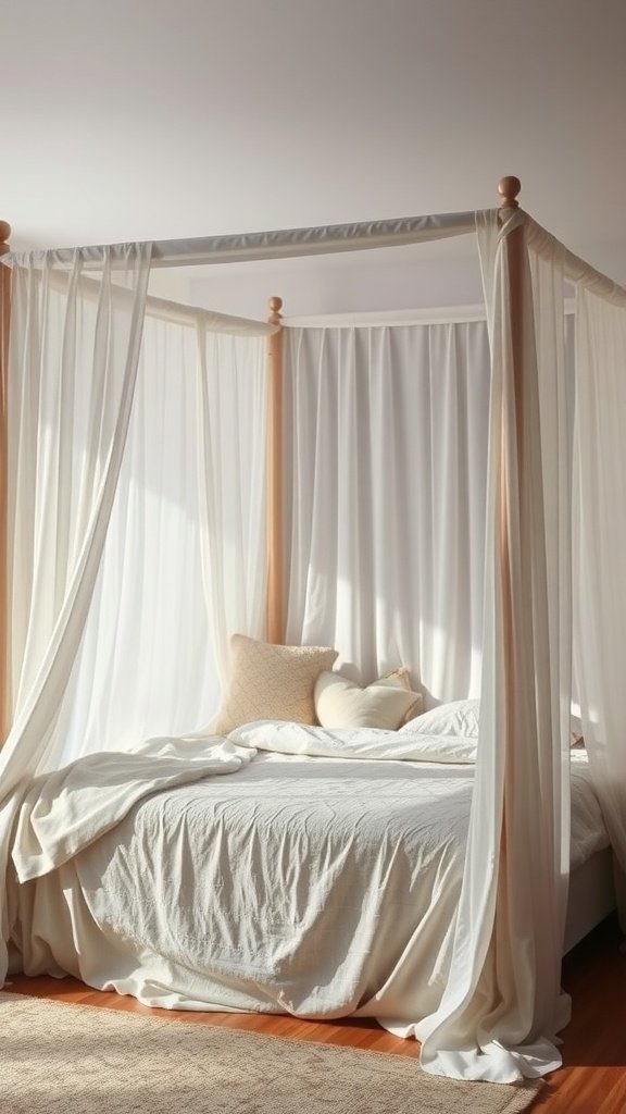 A cozy canopy bed with soft drapes and fluffy pillows.
