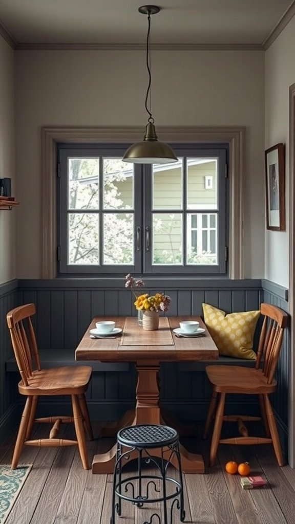 A cozy breakfast nook with a wooden table, two chairs, and a window.