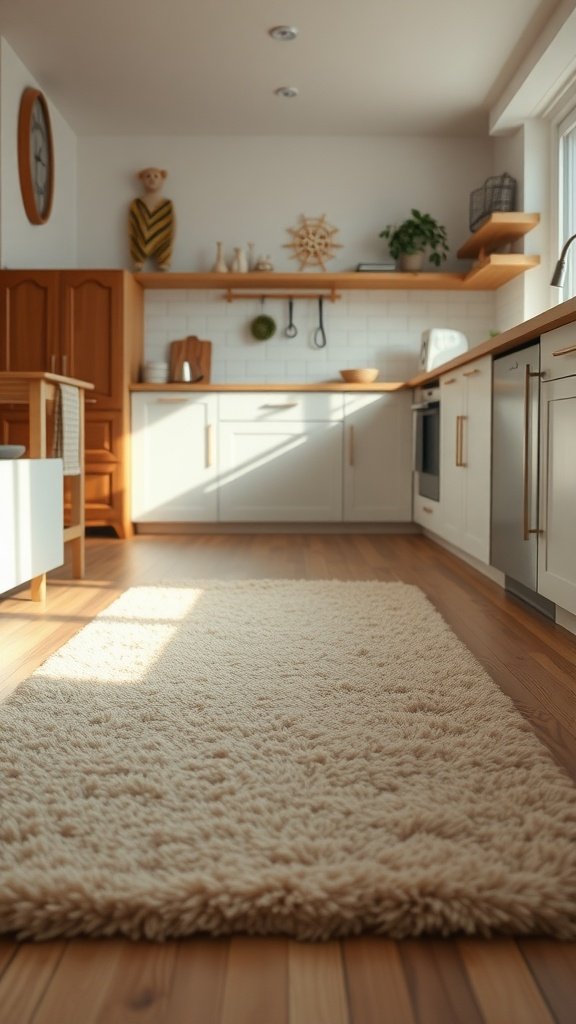 A cozy, fluffy rug placed on a wooden kitchen floor.