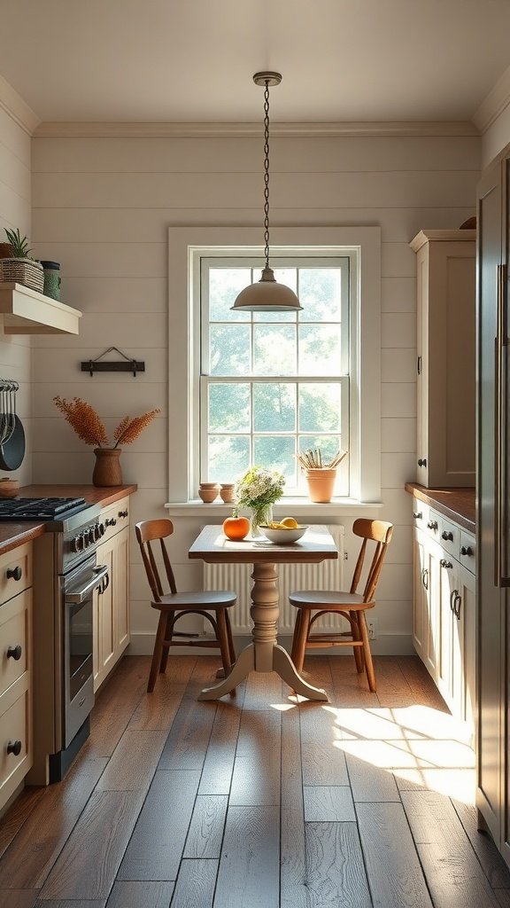 A cozy kitchen nook with a table and chairs, illuminated by sunlight through a window.