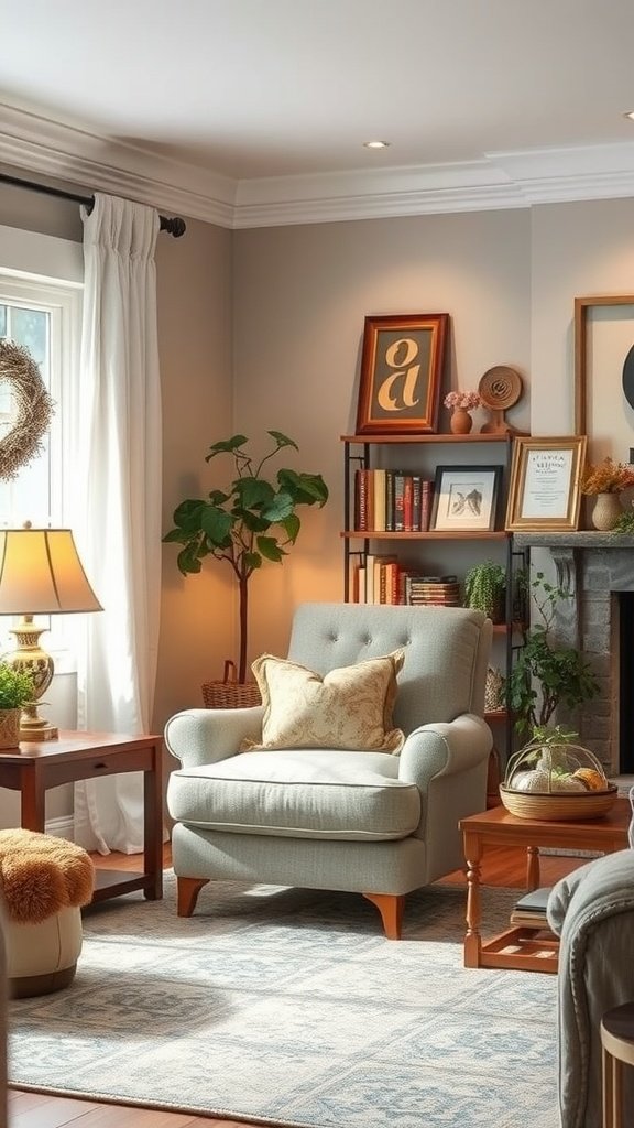 A cozy reading nook in a modern farmhouse living room with a soft armchair, warm lighting, and plants.