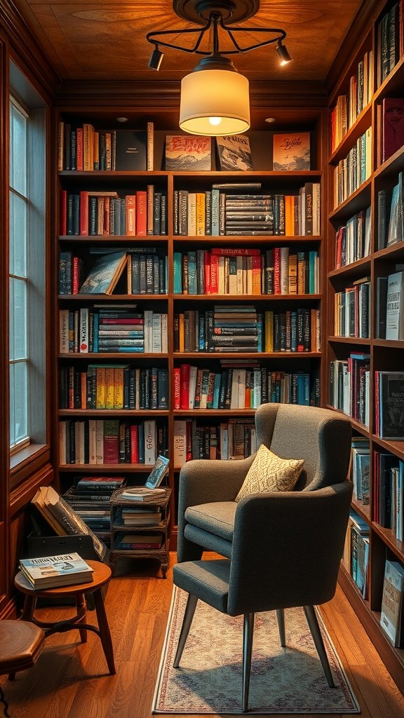 A cozy reading nook with a comfortable chair, bookshelves filled with books, and warm lighting.
