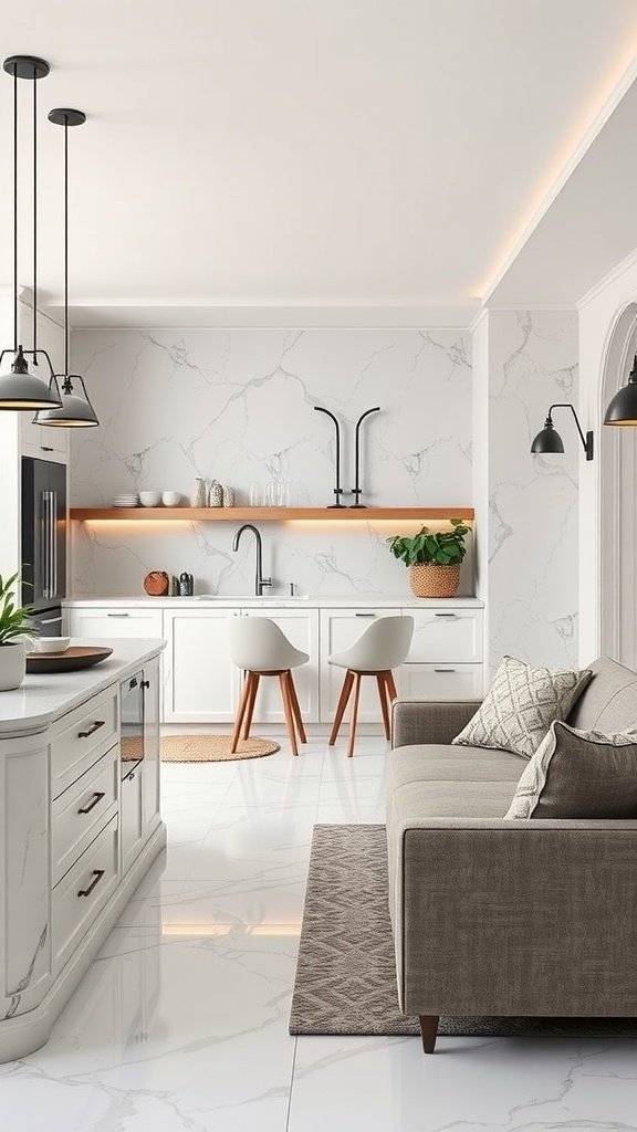 Cozy seating area in a modern kitchen with marble countertops and stylish fixtures.