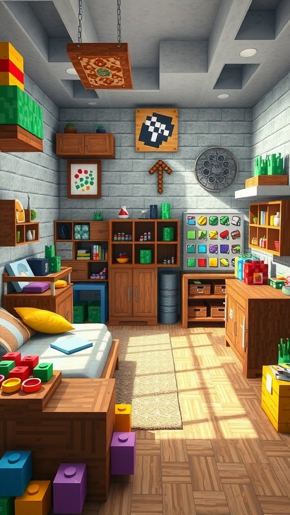 A vibrant Minecraft-themed bedroom with colorful blocks and organized storage.
