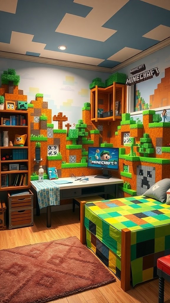 A vibrant Minecraft-themed bedroom with block patterns and game elements.