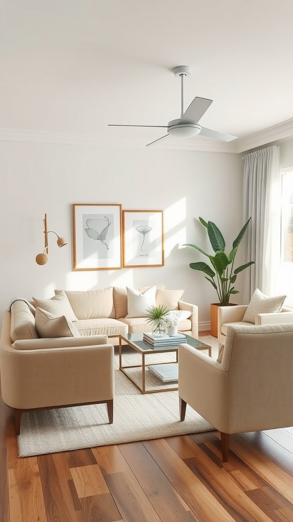 A neutral living room featuring creamy almond accents with a cozy sofa and plants.
