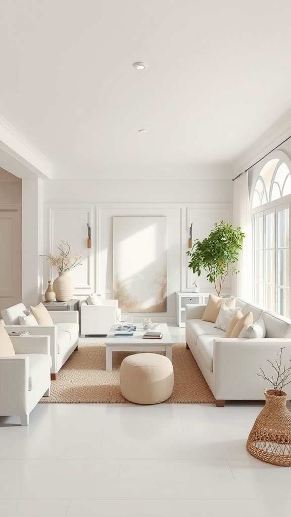 A serene living room with creamy white sofas, a light rug, and green plants.