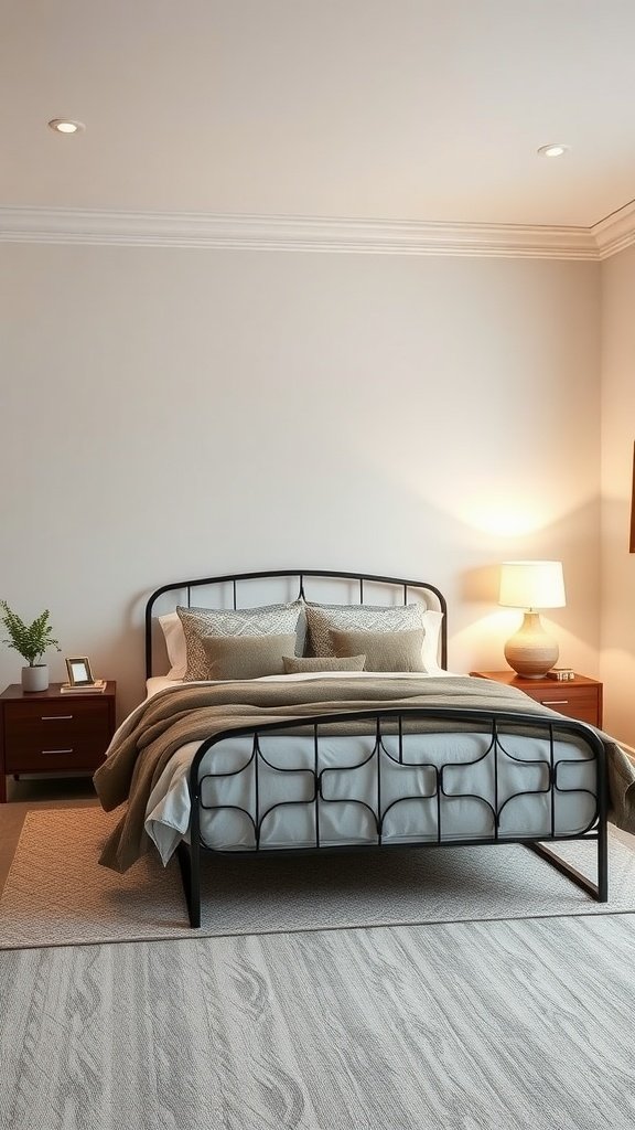 A well-decorated bedroom with a stylish bed, warm lighting, and minimal decor.