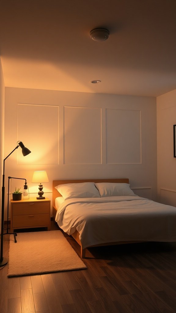 Cozy bedroom with layered lighting from a bedside lamp and floor lamp.