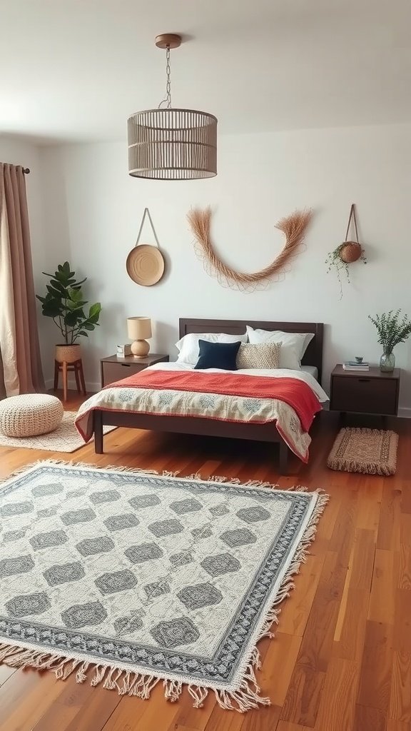 A bright bedroom with two beds, decorated with rugs in distinct areas.