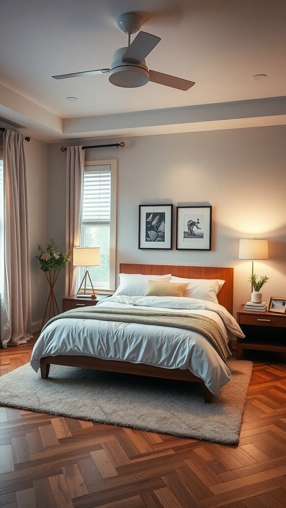 A cozy bedroom with layered textures including blankets, pillows, and a rug.