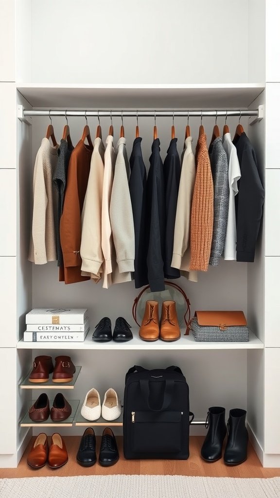 A neatly organized closet with a selection of clothing and shoes for a capsule wardrobe.