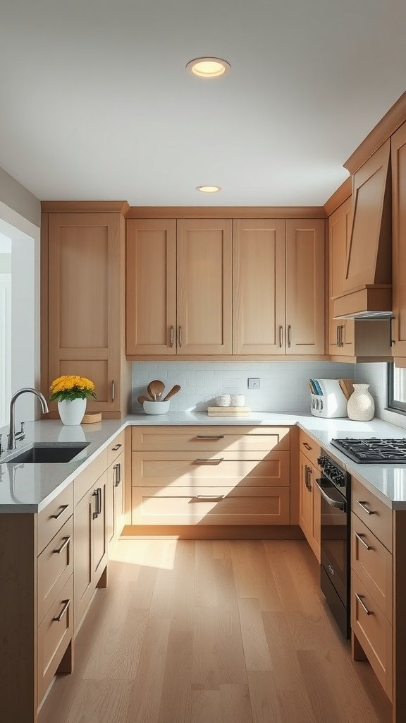 Cozy kitchen with warm wood cabinets and marble countertops.