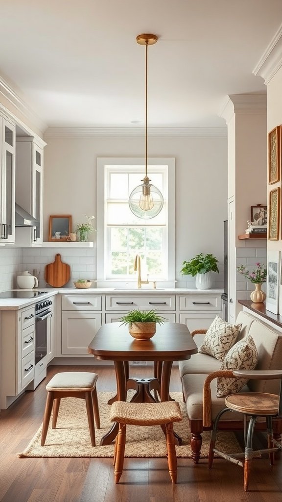A bright and cozy modern kitchen featuring classic elements like warm wood furniture and plants.