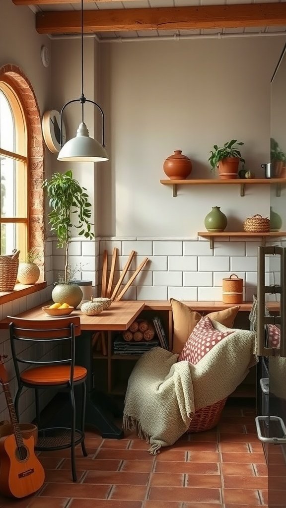 A warm and inviting kitchen nook featuring terracotta, olive tones, and wood accents.