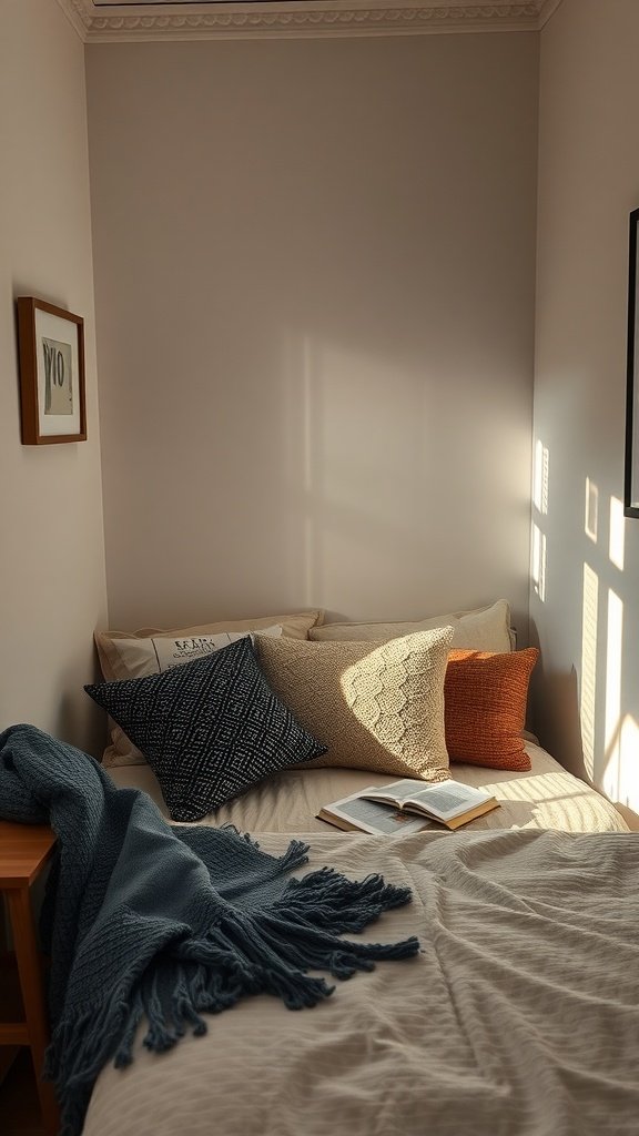 A cozy bedroom nook with pillows, a blanket, and an open book.