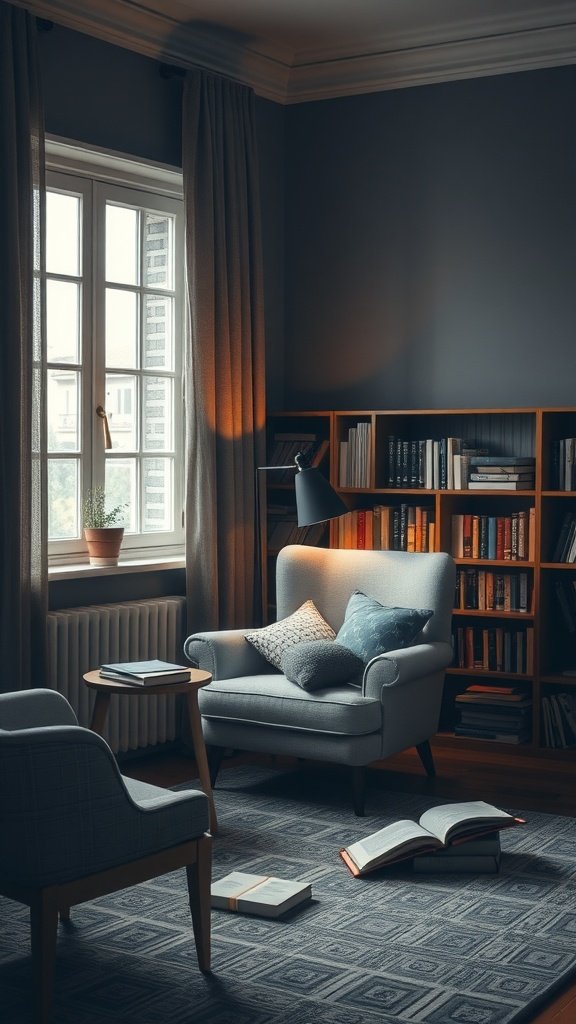 A cozy nook with light furniture in a room with dark walls, featuring a chair, cushions, and a side table.