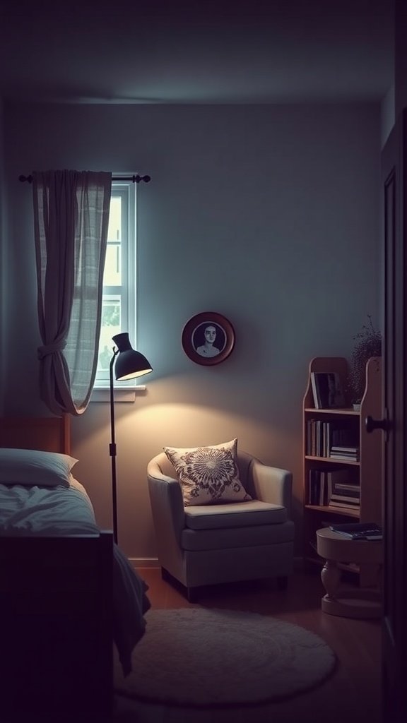 Cozy reading nook in a small bedroom with a chair, lamp, and bookshelves.