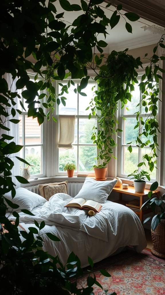 A cozy bedroom nook with plants, a bed with white linens, and an open book on the bed.