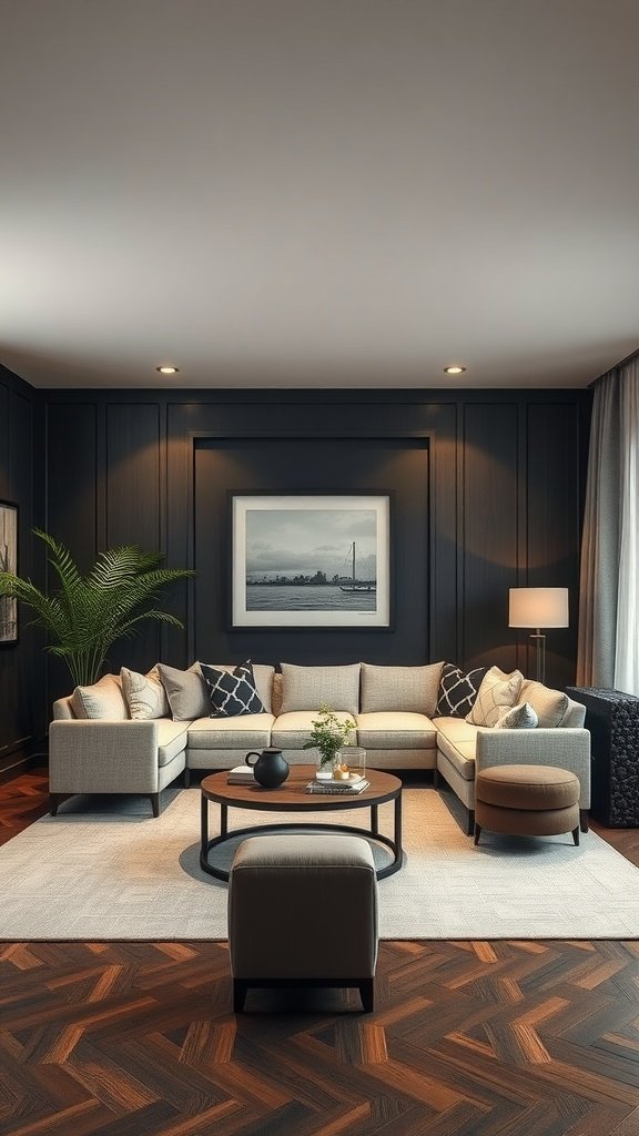 A cozy living room with dark walls and light furniture, featuring a sectional sofa, coffee table, and decorative elements.