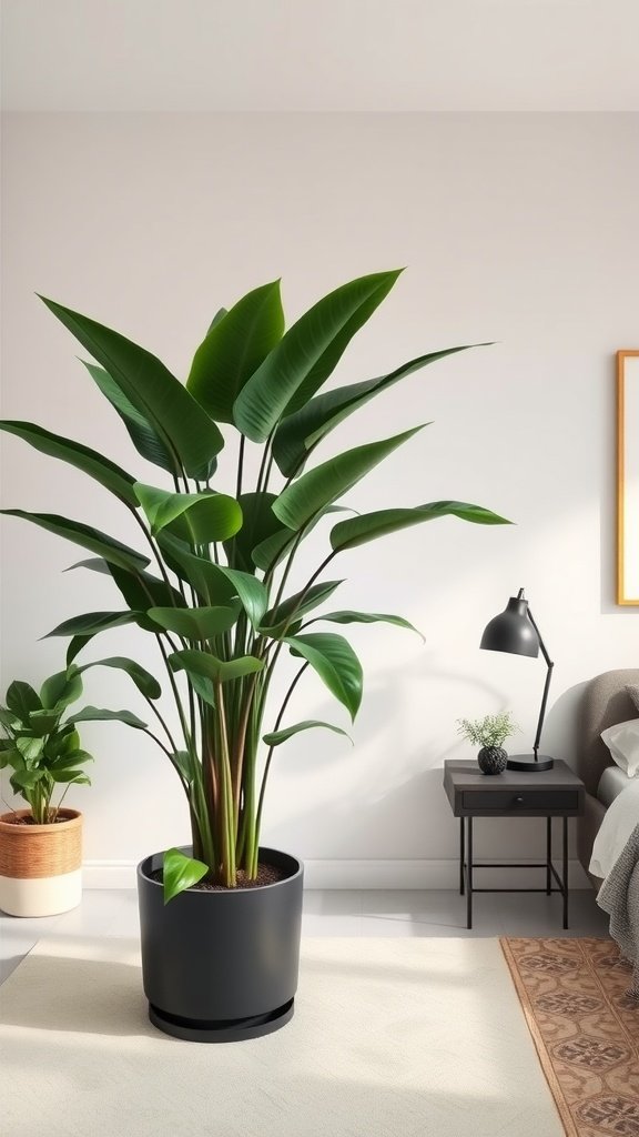 A large green plant in a black pot next to a smaller plant and a bedside table in a bright bedroom.