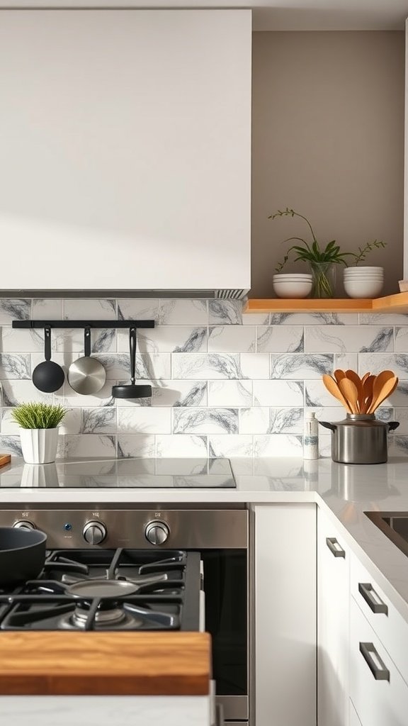 A modern kitchen with a stylish backsplash and functional kitchen tools.